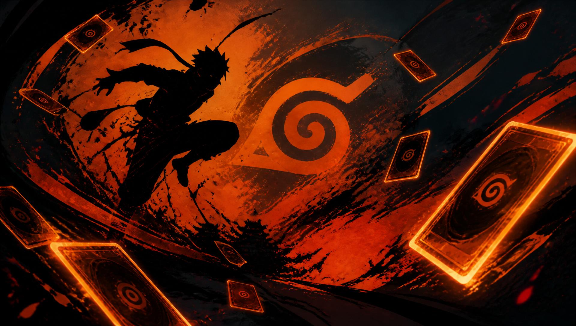Naruto TCG Simulator hero background with ninja silhouette and trading cards